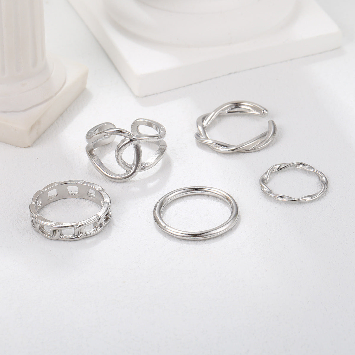 【018】個性派クールデザイン シルバーリング5点セット