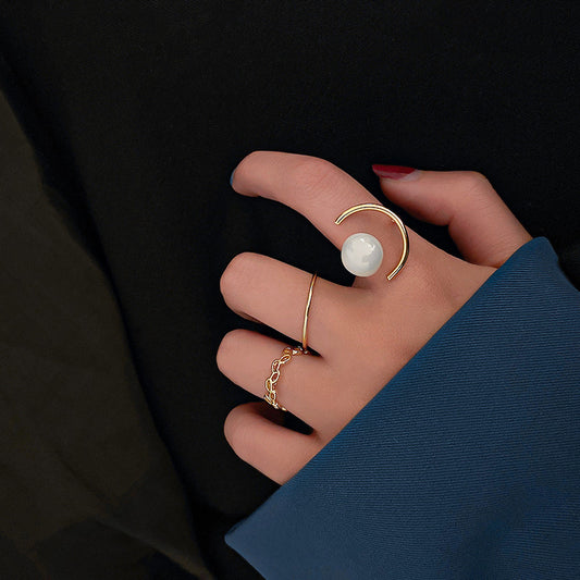 【050】【3点セット】ハーフムーンパール×ストレートライン 指先を彩る上品なリングセット